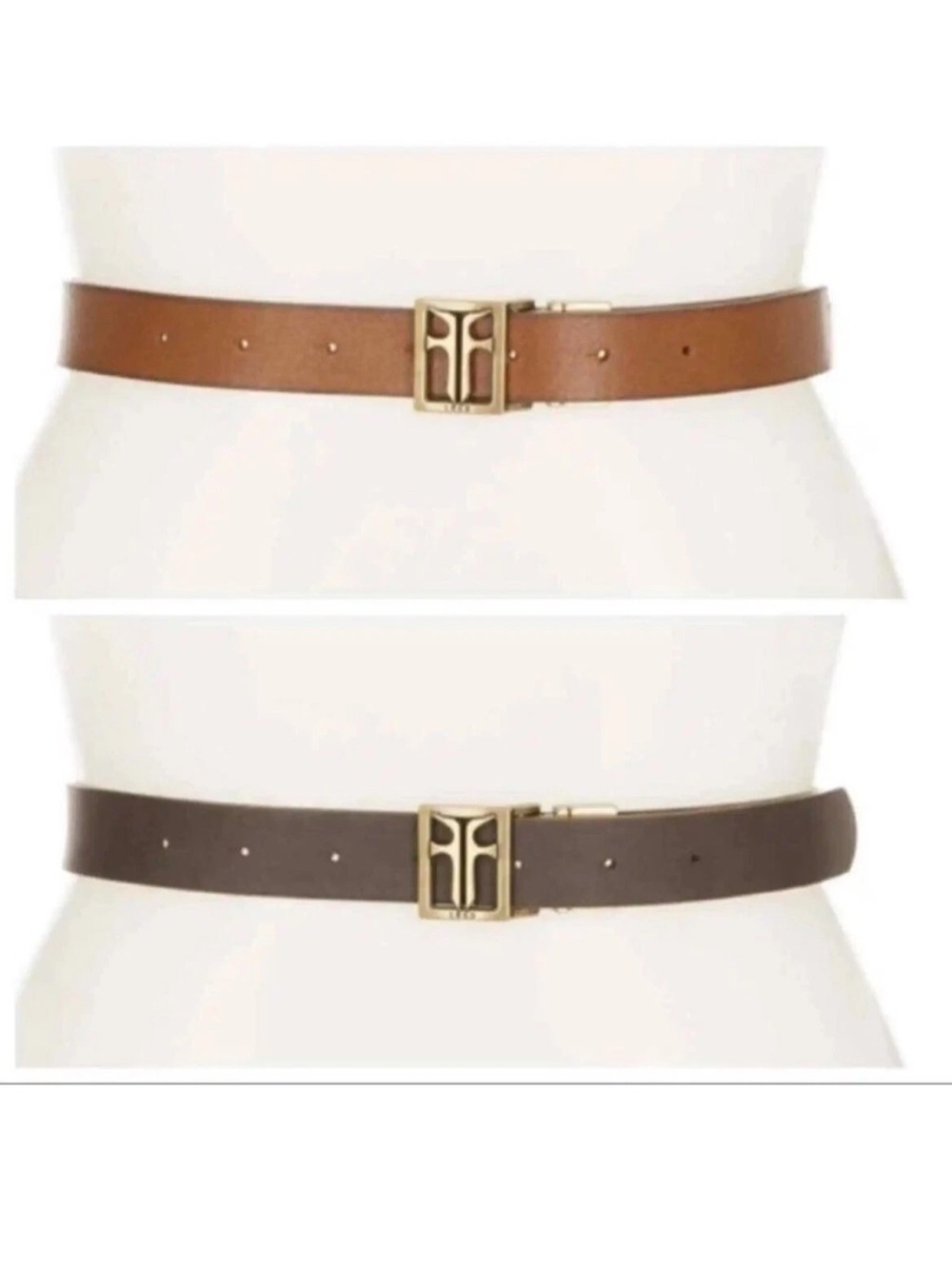 FRYE Leather Waist Belt with Gold Logo Buckle - Brown / Tan